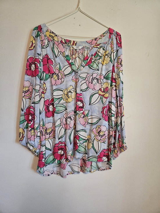crown & ivy Tops - Crown & Ivy Blouse with Light Blue, Pink & Yellow Blooms